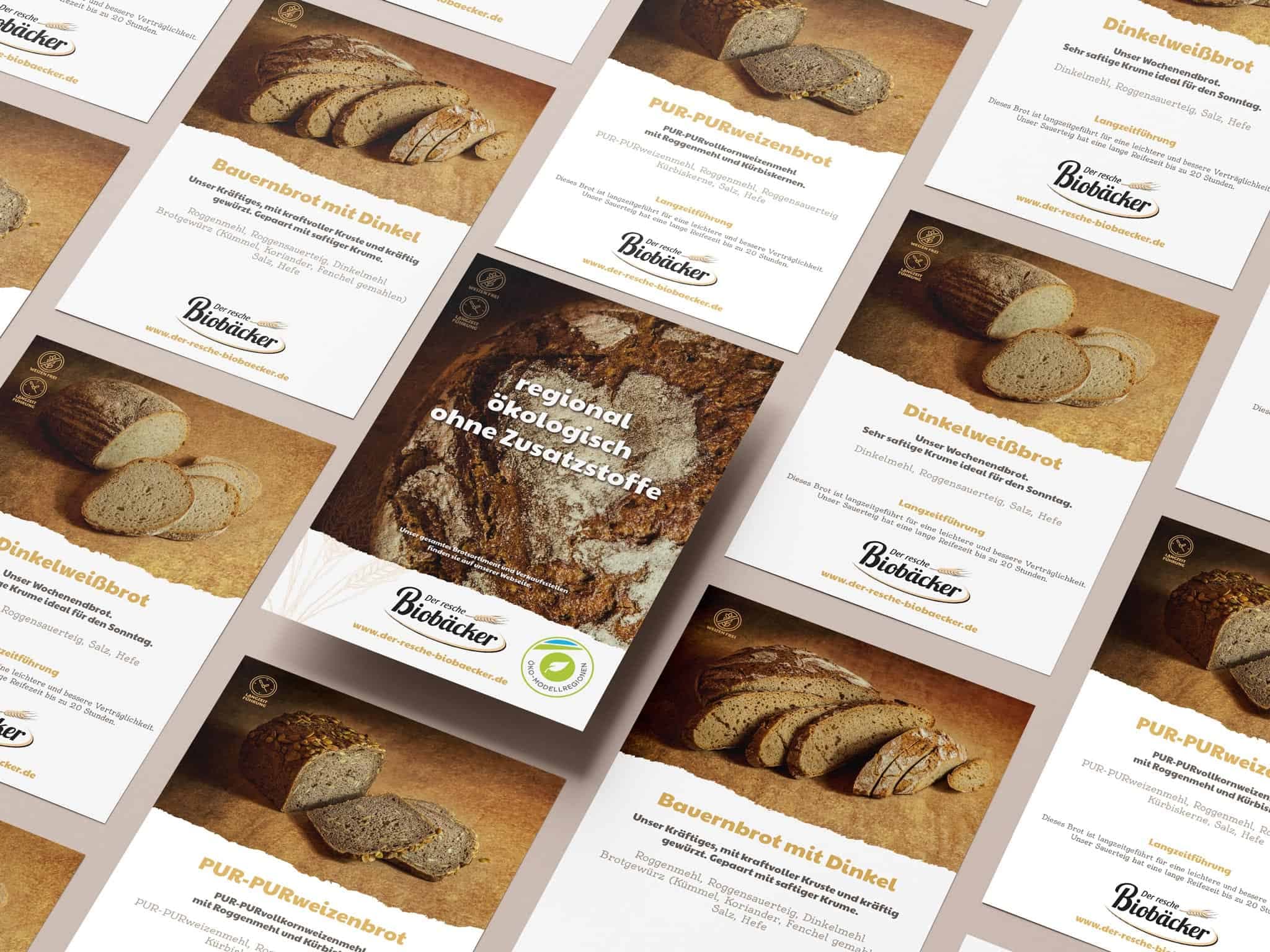 Ein professionell gestalteter Flyer, der allgemeine Informationen über die Bäckerei sowie interessante Brot-Portraits enthält, die den handwerklichen Anspruch und die Qualität der Backwaren visuell kommunizieren.